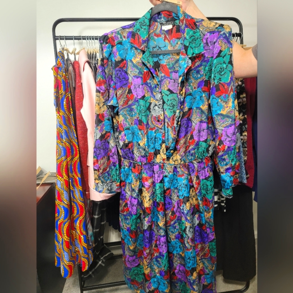 Vintage Floral Long Sleeve Dress Size 14